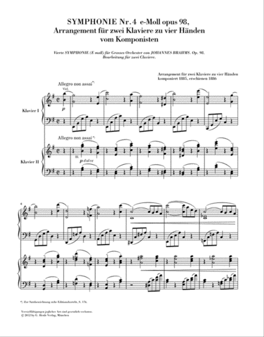 Symphony No. 4 E-Minor, Op. 98 Arranged for One and Two Pianos 4-Hands