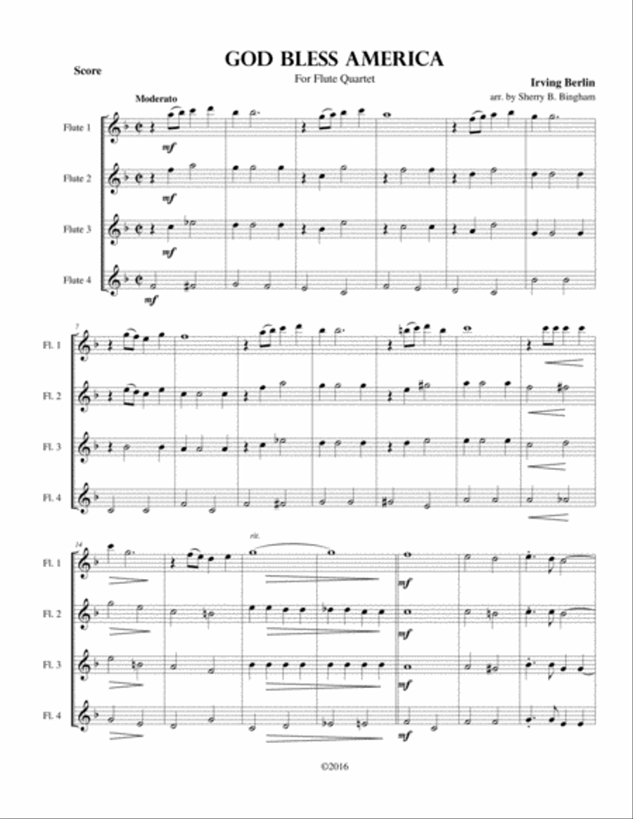 God Bless America Flute Quartet scores gallery preview page 1