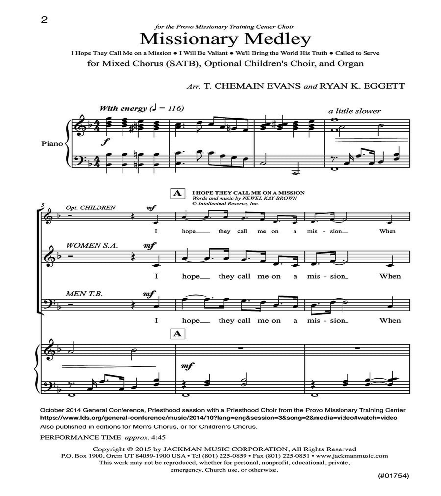 Missionary Medley – SSATBB, Opt. Children and Piano Missionary Medley – SSATBB, Opt. Children and Piano 4-Part scores gallery preview page 2