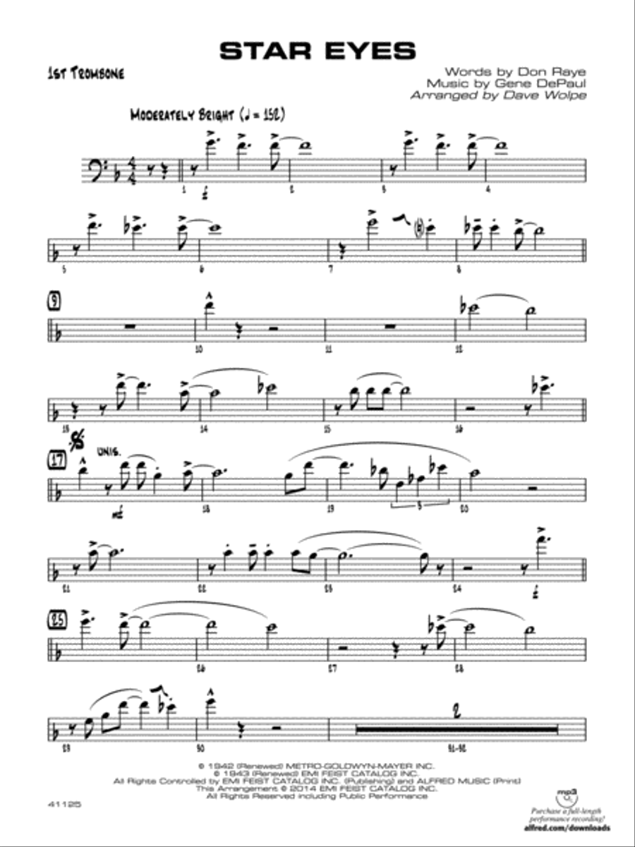Star Eyes: 1st Trombone Star Eyes: 1st Trombone Jazz Ensemble scores gallery preview page 1