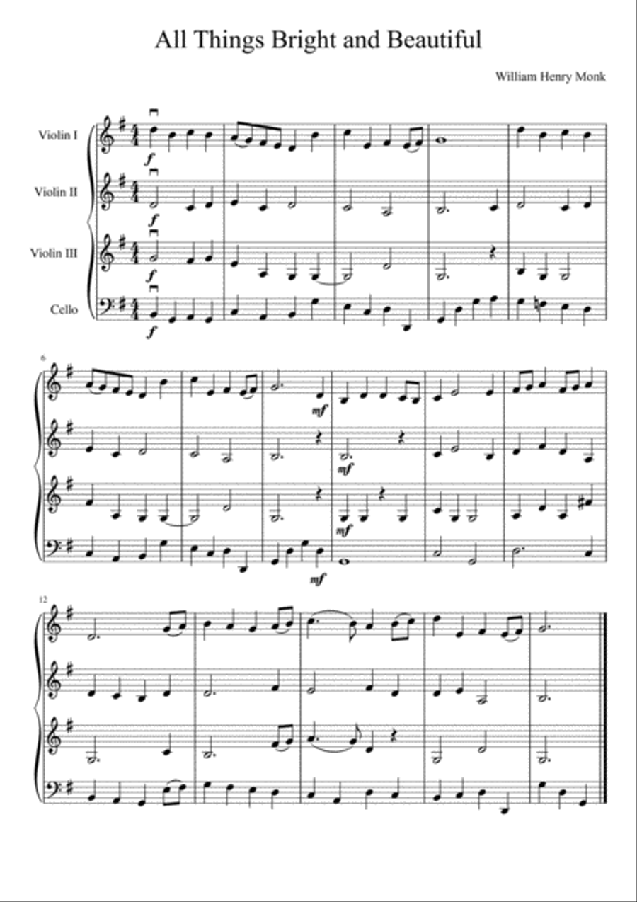 All Things Bright and Beautiful (three violins and cello) String Quartet scores gallery preview page 2