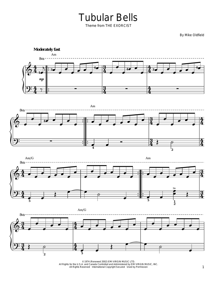 Tubular Bells Easy Piano scores gallery preview page 1