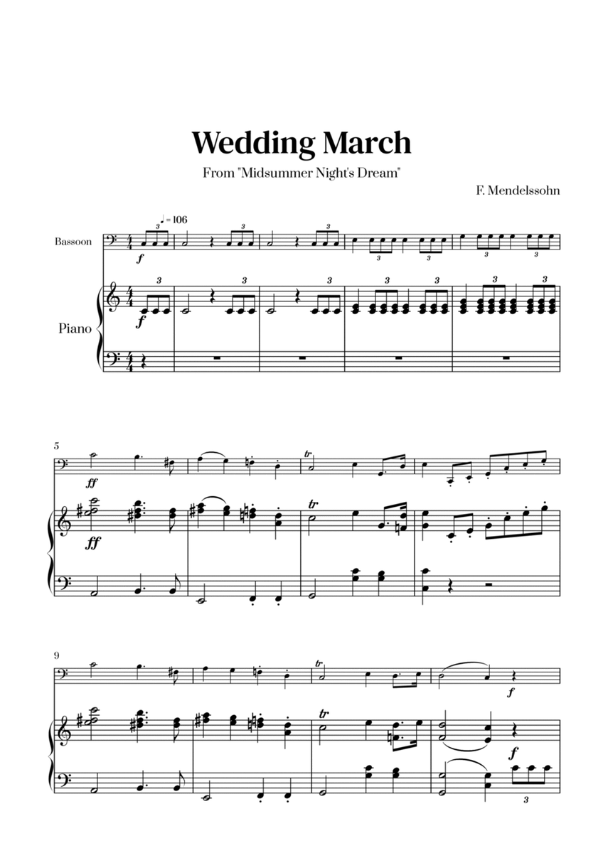 Felix Mendelssohn - Wedding March From Midsummer Night's Dream for Bassoon and Piano image number null