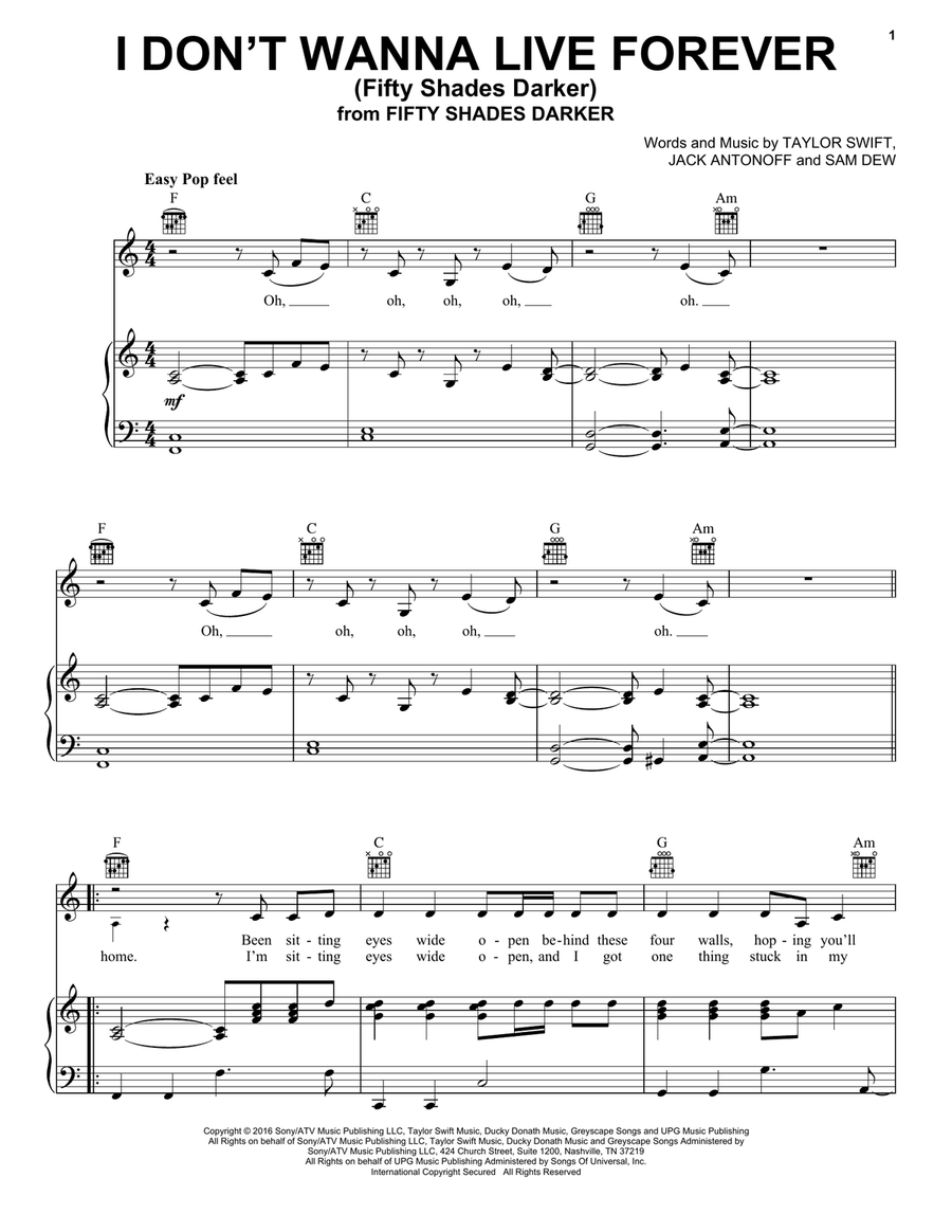 I Don't Wanna Live Forever Piano, Vocal, Guitar scores gallery preview page 1