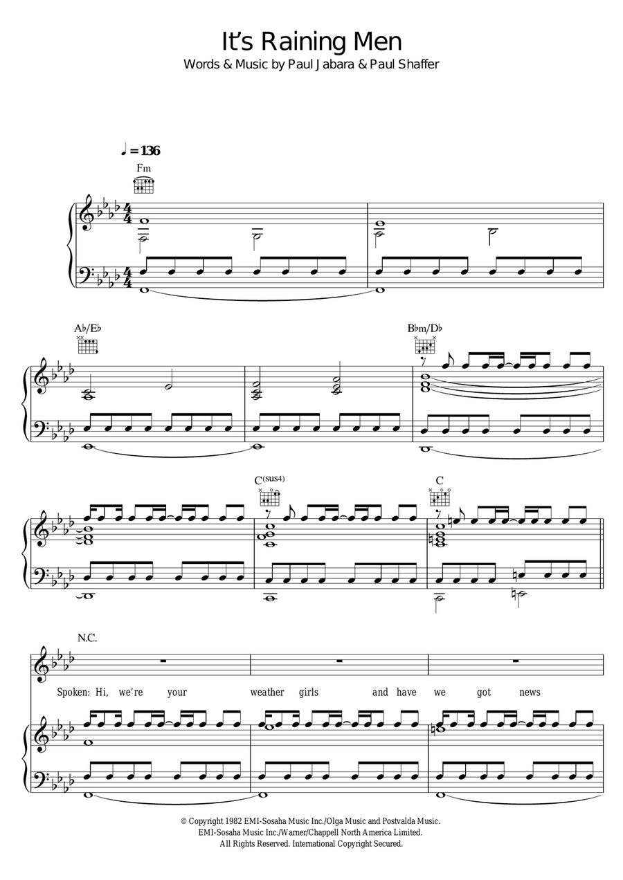 It's Raining Men Piano, Vocal, Guitar scores gallery preview page 1