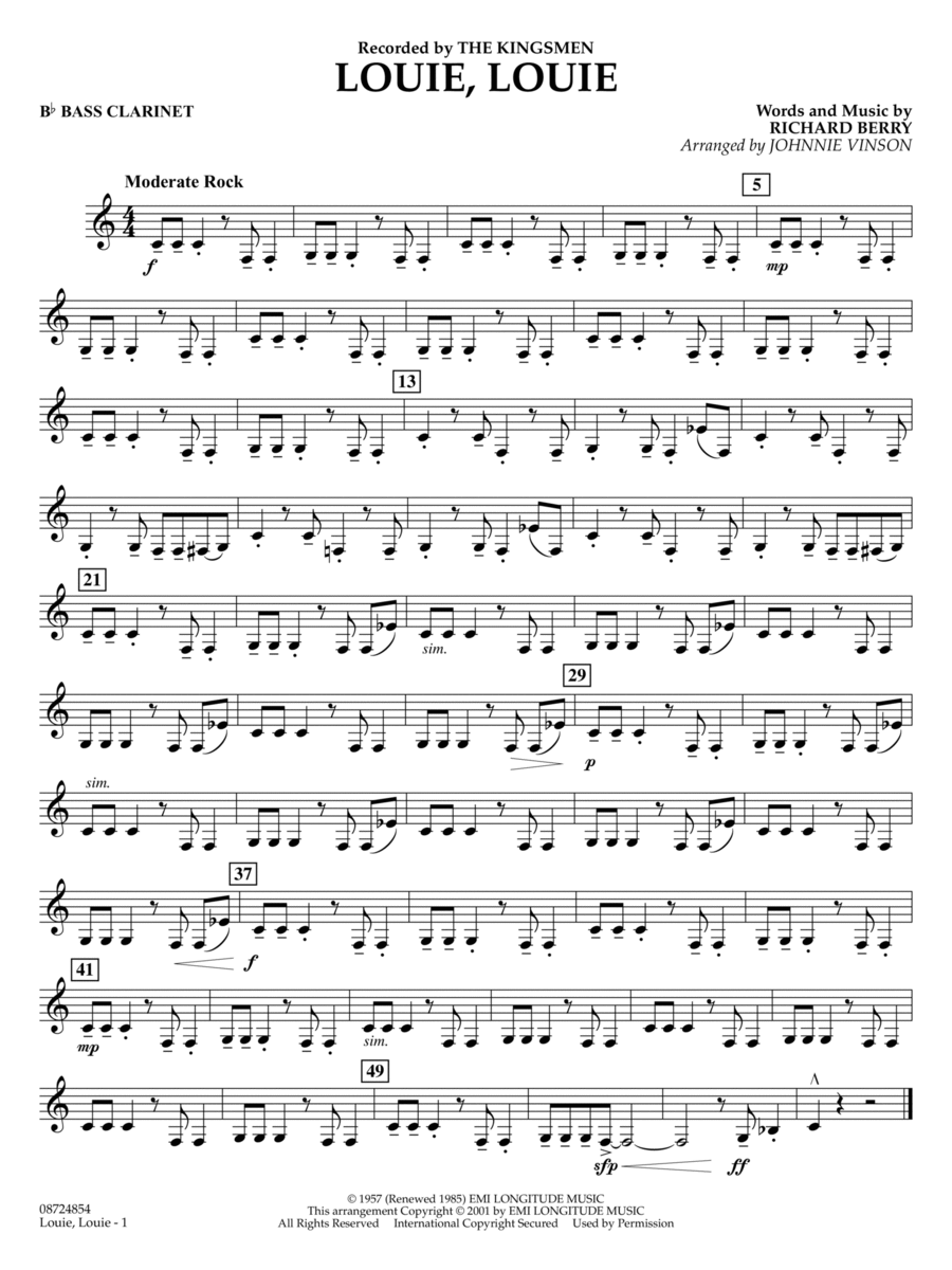Louie, Louie (arr. Johnnie Vinson) - Bb Bass Clarinet Concert Band scores gallery preview page 1