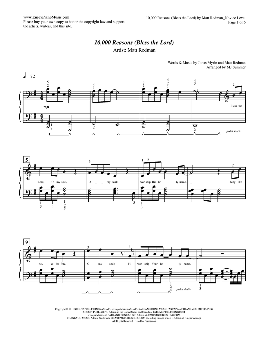 10,000 Reasons (Bless The Lord) Piano Solo scores gallery preview page 1