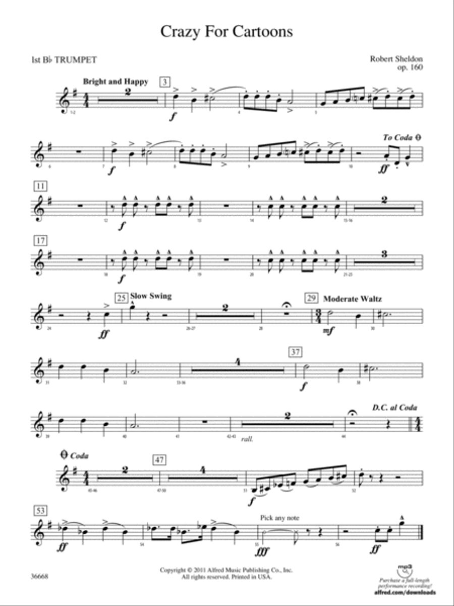 Crazy for Cartoons: 1st B-flat Trumpet Concert Band scores gallery preview page 1