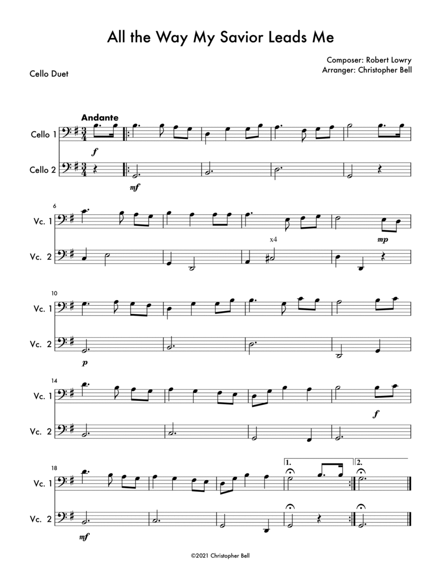 All the Way My Savior Leads Me - Easy Cello Duet String Duet scores gallery preview page 1