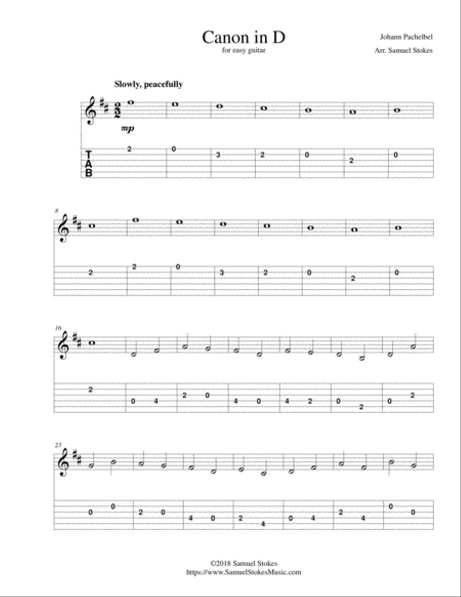 Pachelbel's Canon in D - for easy guitar with TAB Classical Guitar scores gallery preview page 1