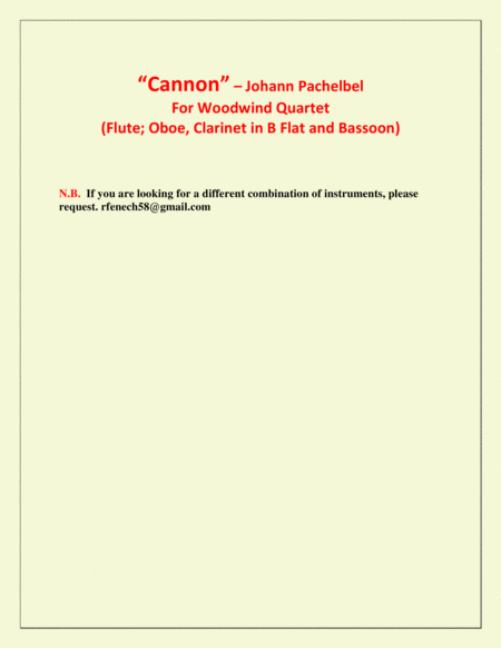 Canon - Pachebel (Oboe; Flute; B Flat Clarinet and Bassoon) Woodwind Quartet - Advanced Intermediate image number null