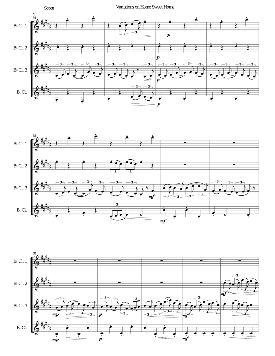 Variations on Home Sweet Home (there's no place like home) for clarinet quartet Clarinet Quartet scores gallery preview page 4