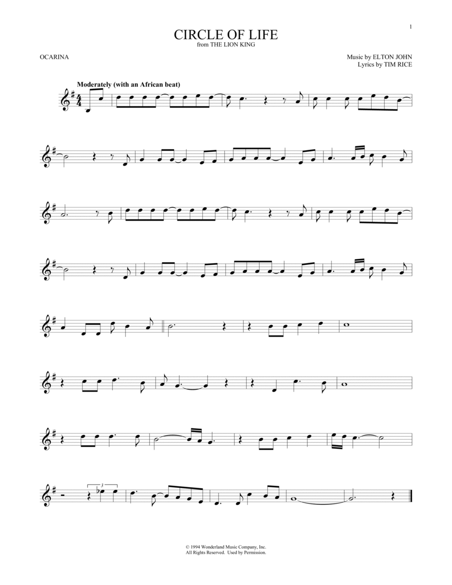 Circle Of Life (from The Lion King) ocarina scores gallery preview page 1