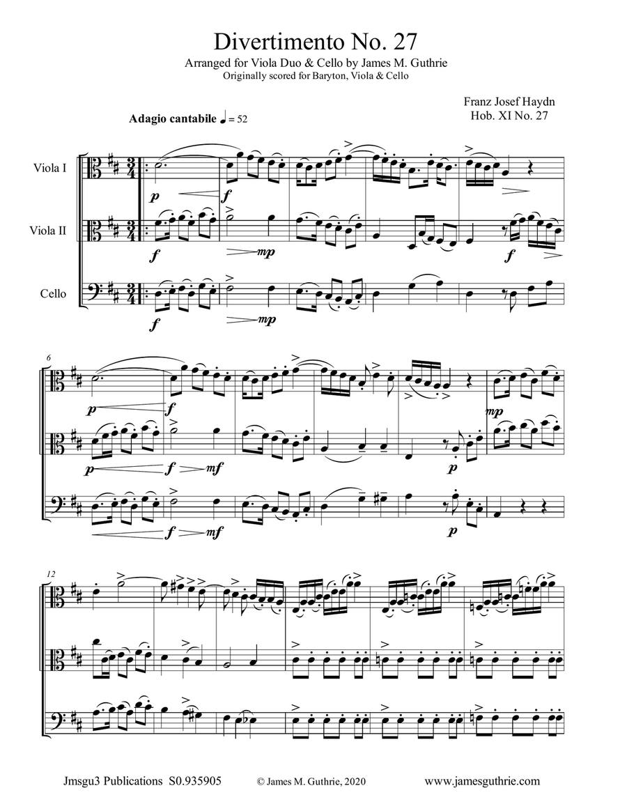 Haydn: Divertimento No. 27, Trio for 2 Violas & Cello String Trio scores gallery preview page 1