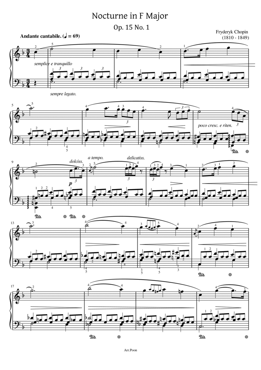 Chopin - Nocturne in F Major,Op.15 No.1 - Original With Fingered For Piano Solo image number null