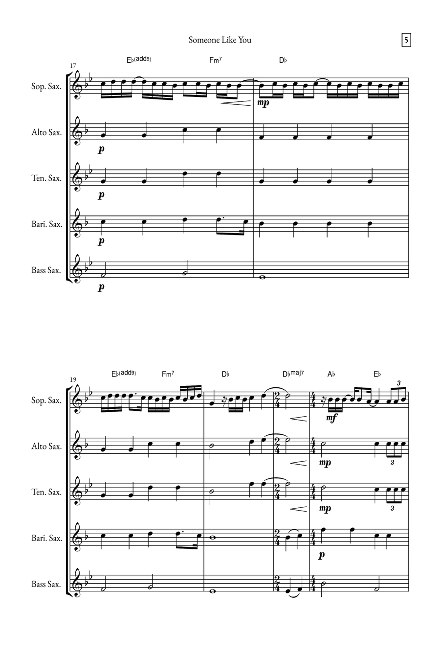 Someone Like You Saxophone Quintet scores gallery preview page 5