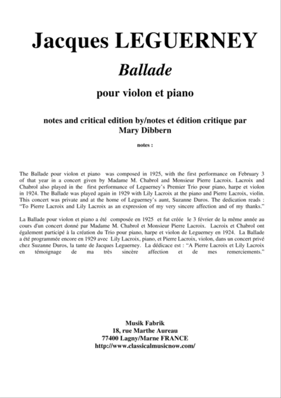 Jacques Leguerney: Ballade for violin and piano Violin Solo scores gallery preview page 1