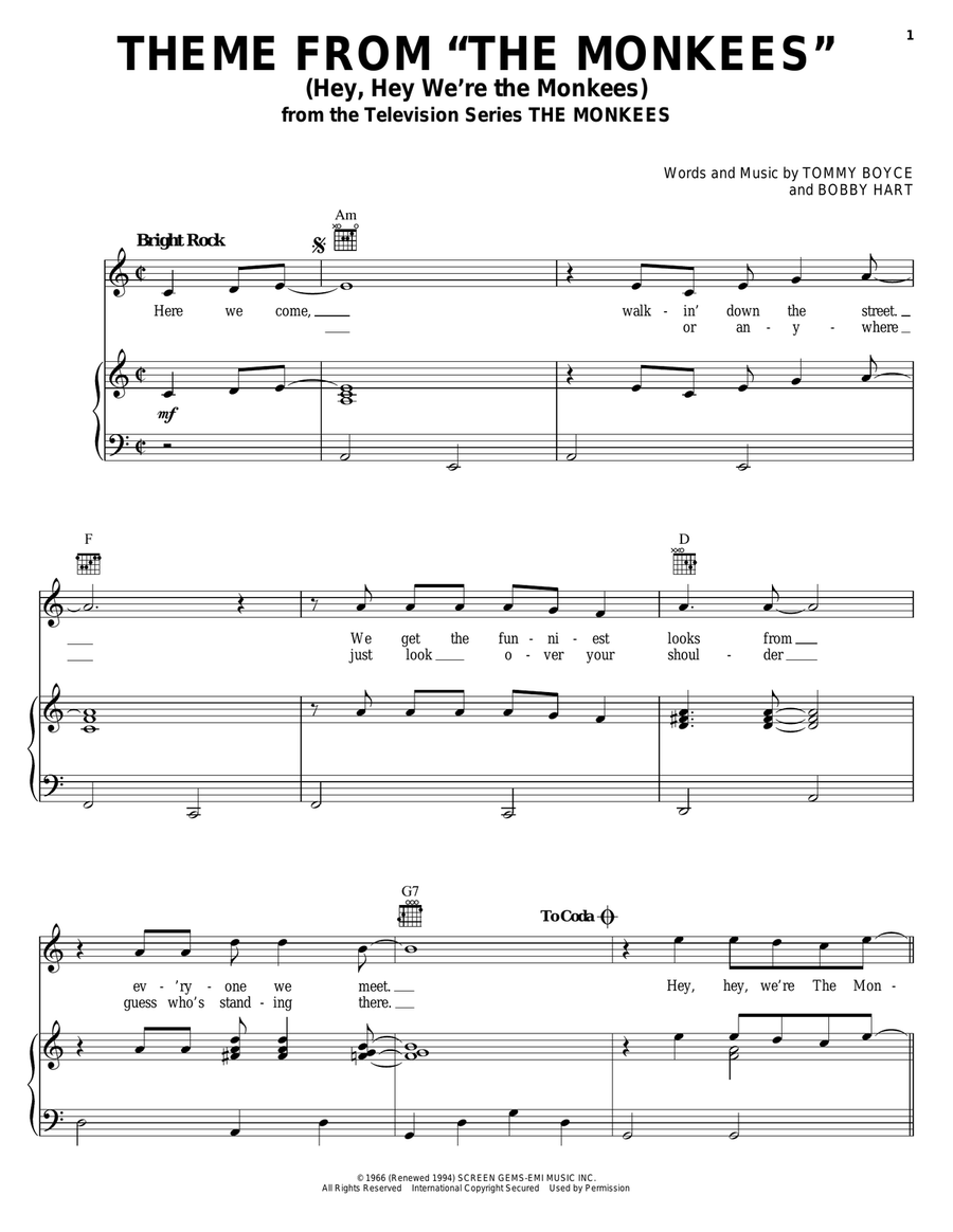 Theme from The Monkees (Hey, Hey We're The Monkees) Piano, Vocal, Guitar scores gallery preview page 1