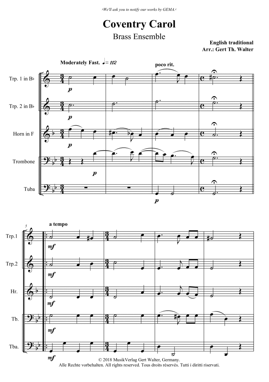 Coventry Carol Brass Ensemble scores gallery preview page 1
