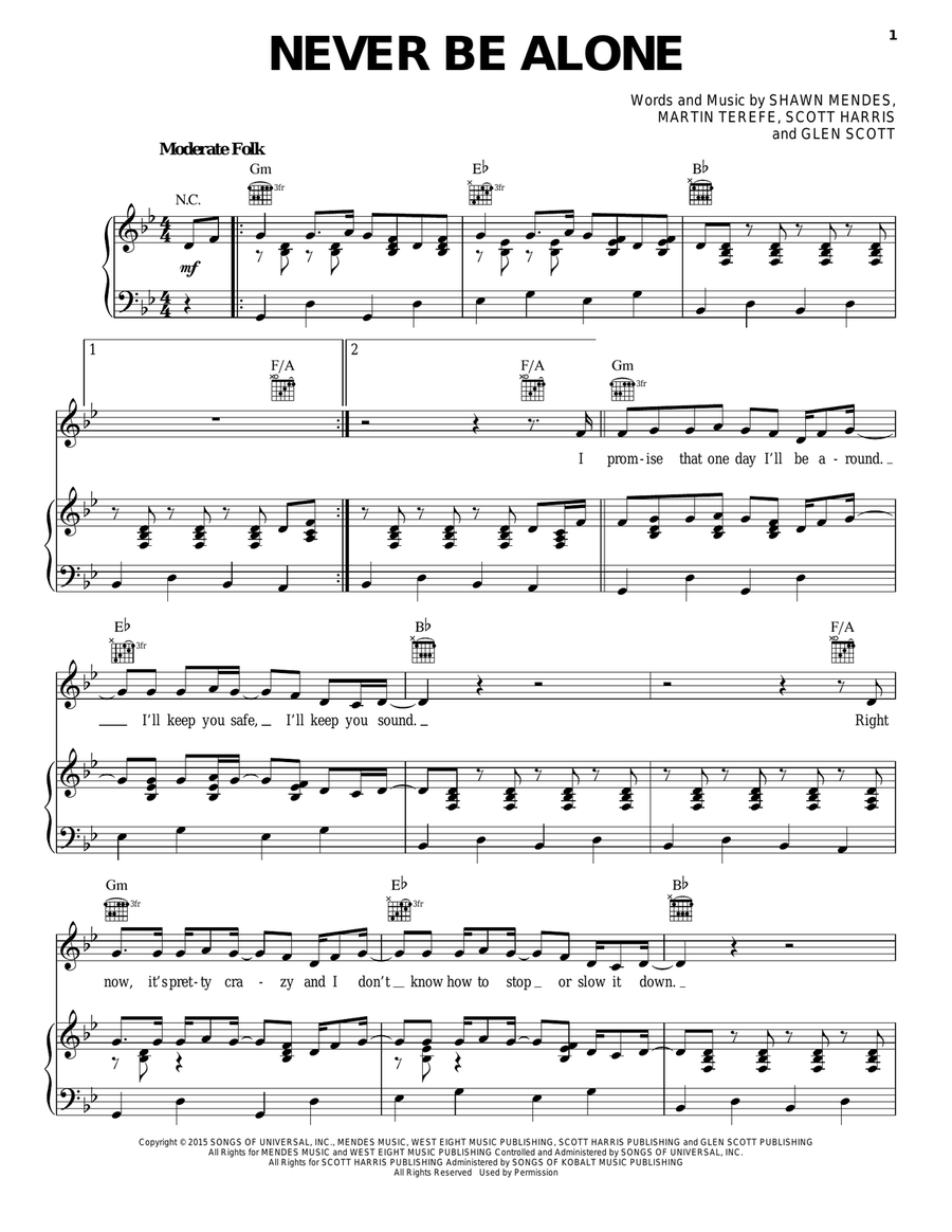 Never Be Alone Piano, Vocal, Guitar scores gallery preview page 1