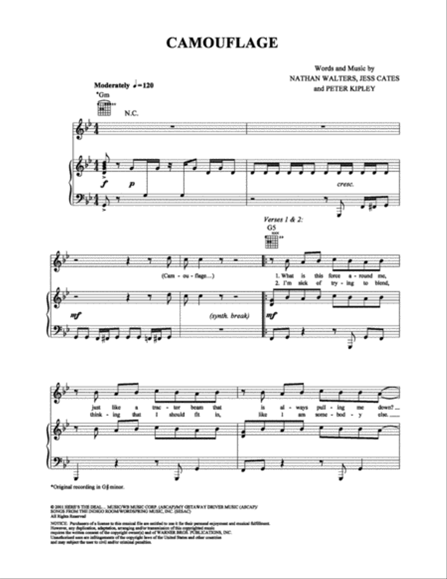 Camouflage Camouflage Piano, Vocal, Guitar scores gallery preview page 1