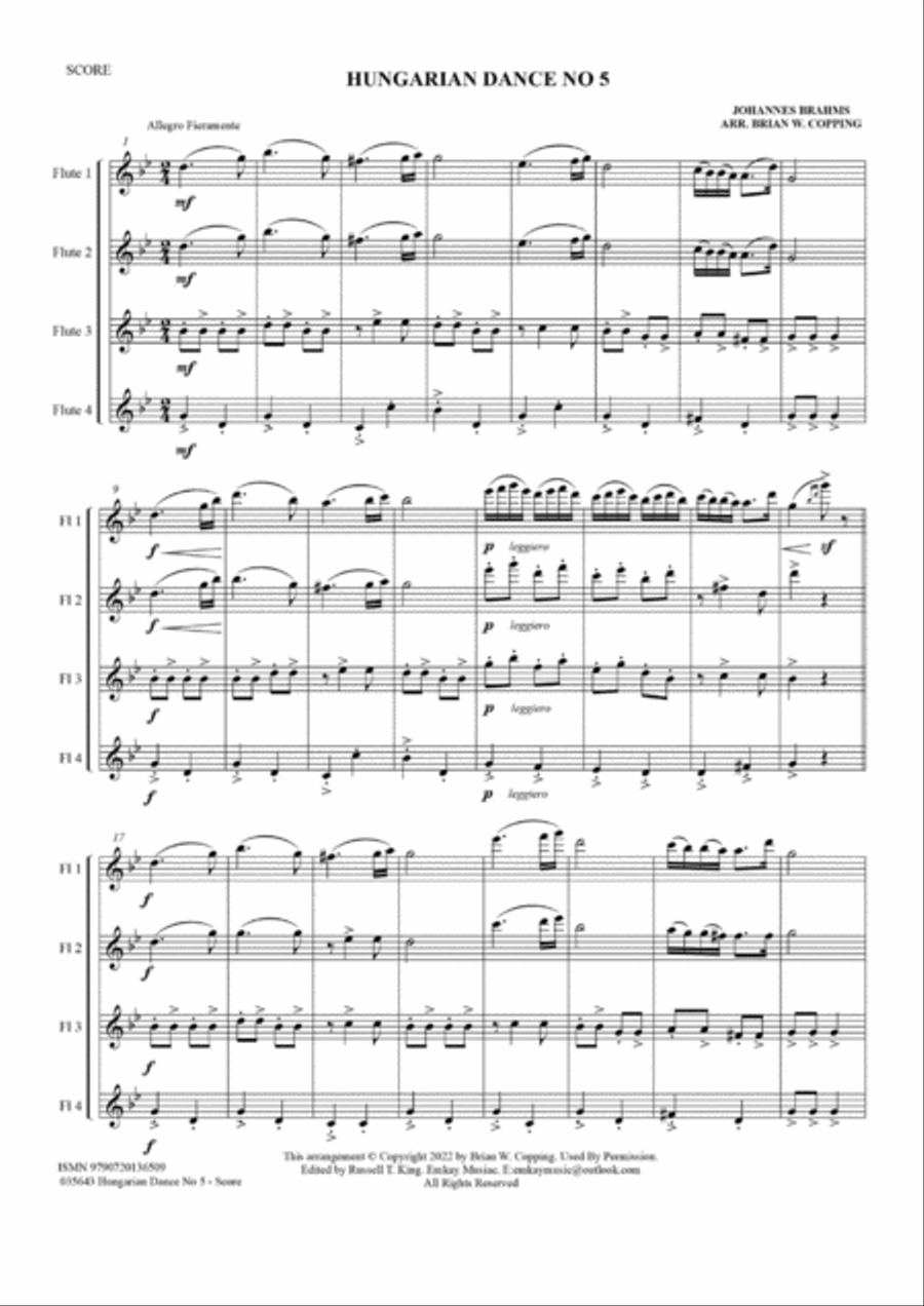 HUNGARIAN DANCE NO 5 - FLUTE QUARTET HUNGARIAN DANCE NO 5 - FLUTE QUARTET Flute Quartet scores gallery preview page 2