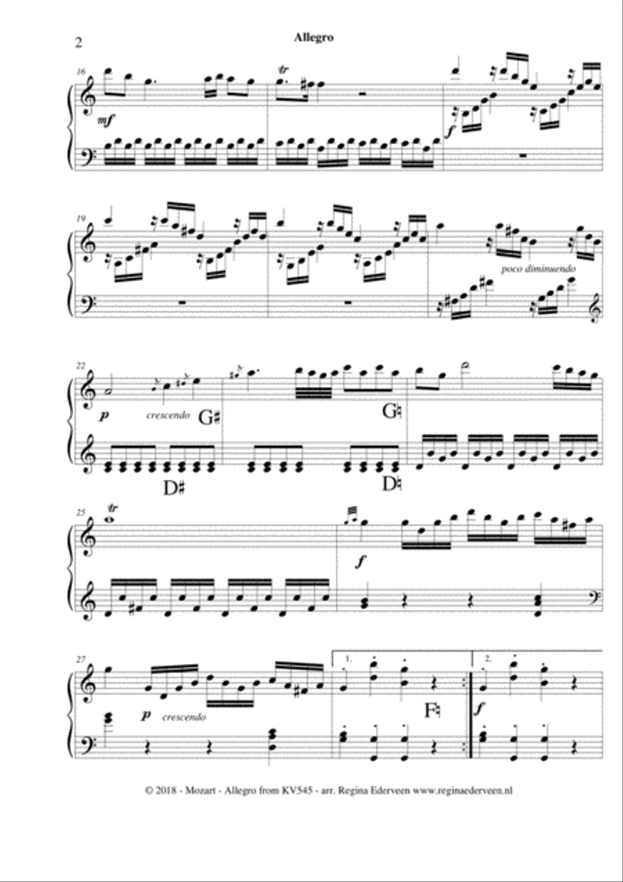 Allegro (Mozart) - pedal harp solo Pedal Harp scores gallery preview page 2