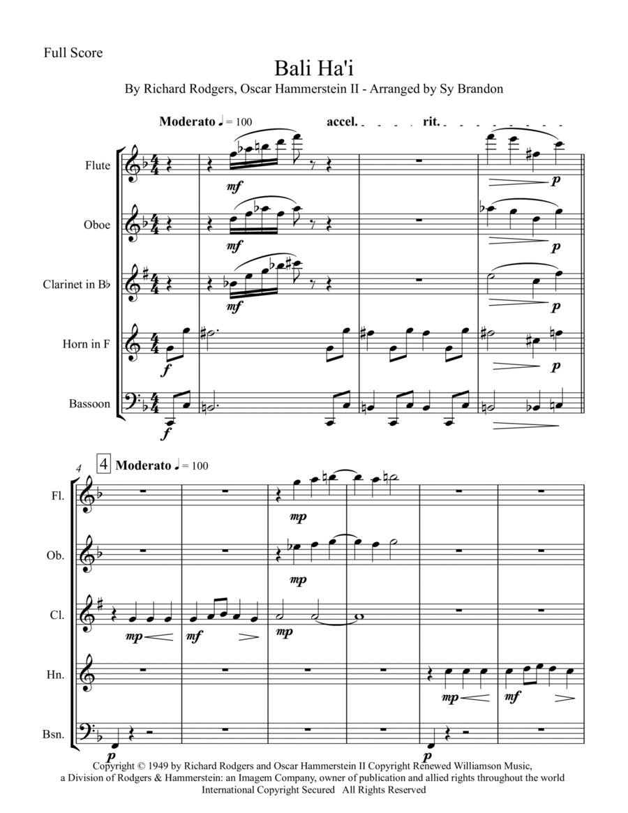 Bali Ha'i Bali Ha'i Woodwind Quintet scores gallery preview page 1