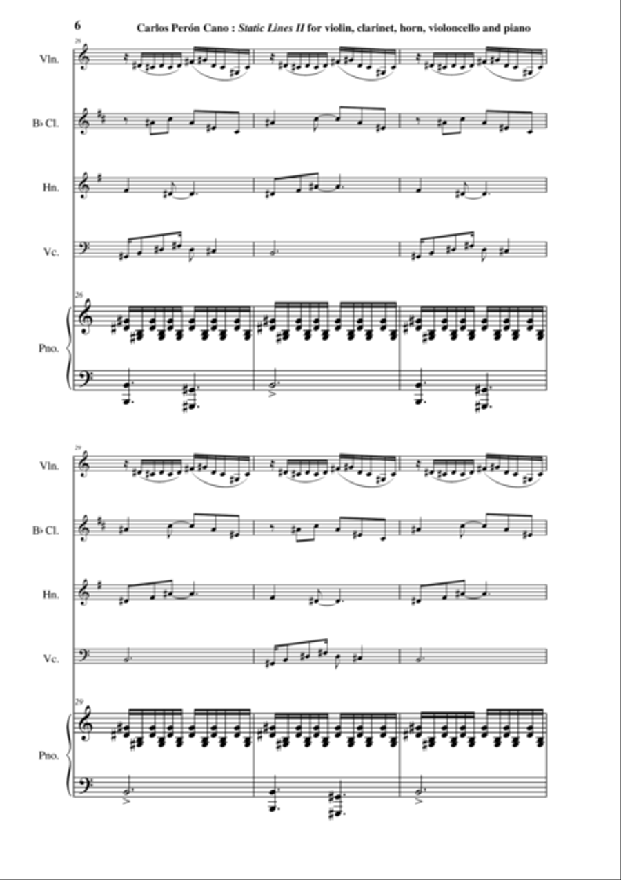 Carlos Perón Cano: Static Lines II (2003) for violin, clarinet in Bb, horn, violoncello and piano Small Ensemble scores gallery preview page 6