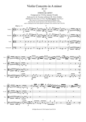 Book cover for Vivaldi - Violin Concerto in A minor RV 357 Op.4 No.4 for String Quartet