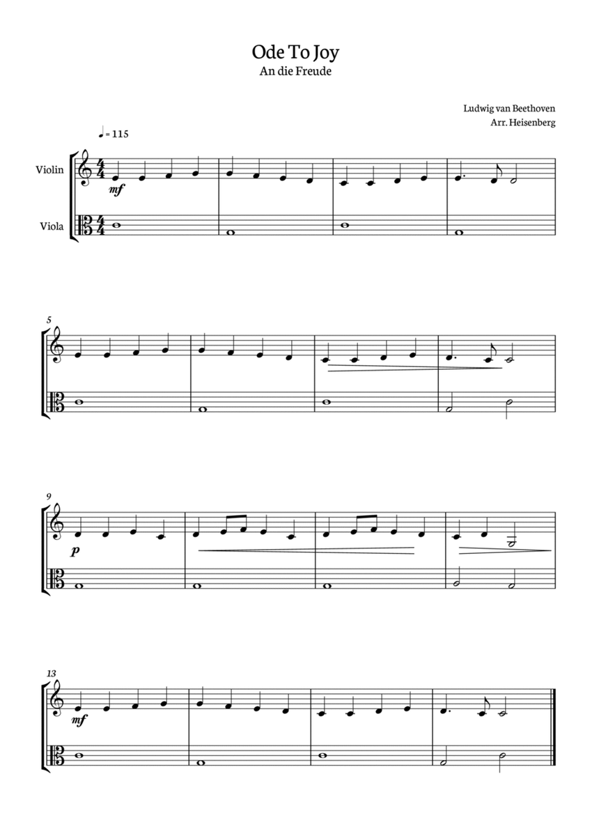 Ode to Joy for Violin and viola. Easy version. image number null