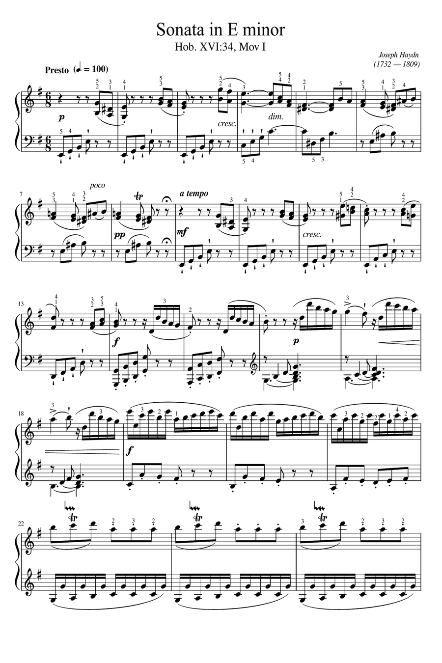 Haydn - Keyboard Sonata in E minor, Hob.XVI:34 Mov I - Original With Fingering For Piano Solo Piano Solo scores gallery preview page 1