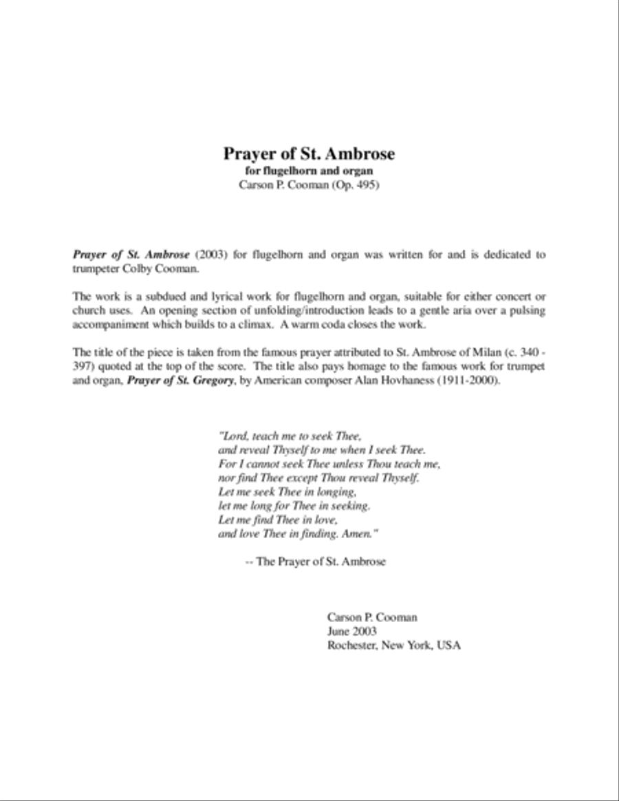 Carson P. Cooman : Prayer of St. Ambrose for flugelhorn and organ (Op. 495)