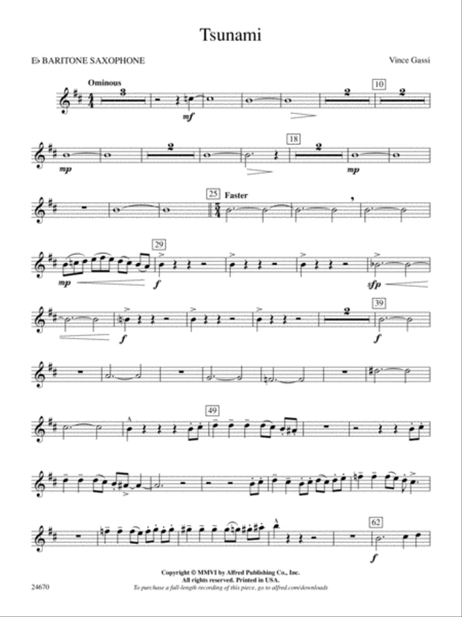 Tsunami: E-flat Baritone Saxophone Concert Band scores gallery preview page 1