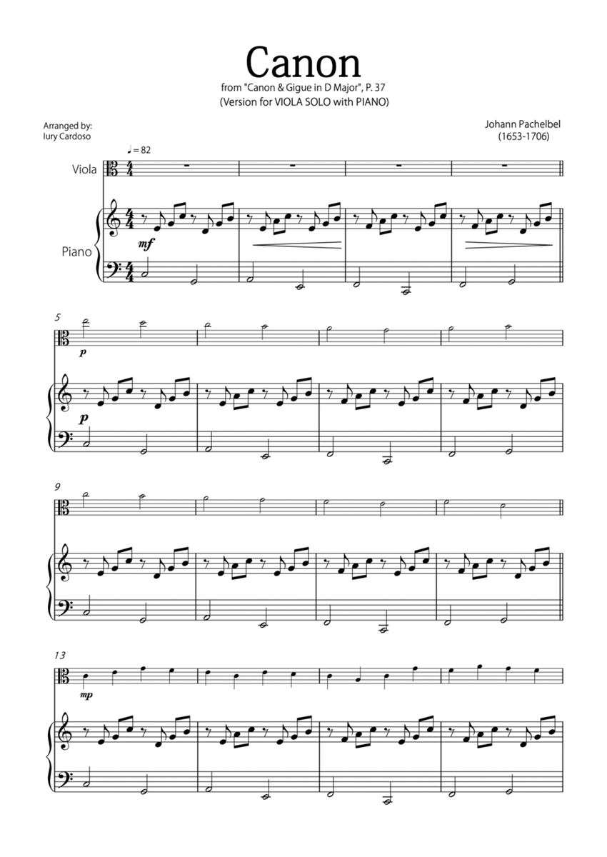 "Canon in D" by Pachelbel - Version for VIOLA SOLO with PIANO image number null