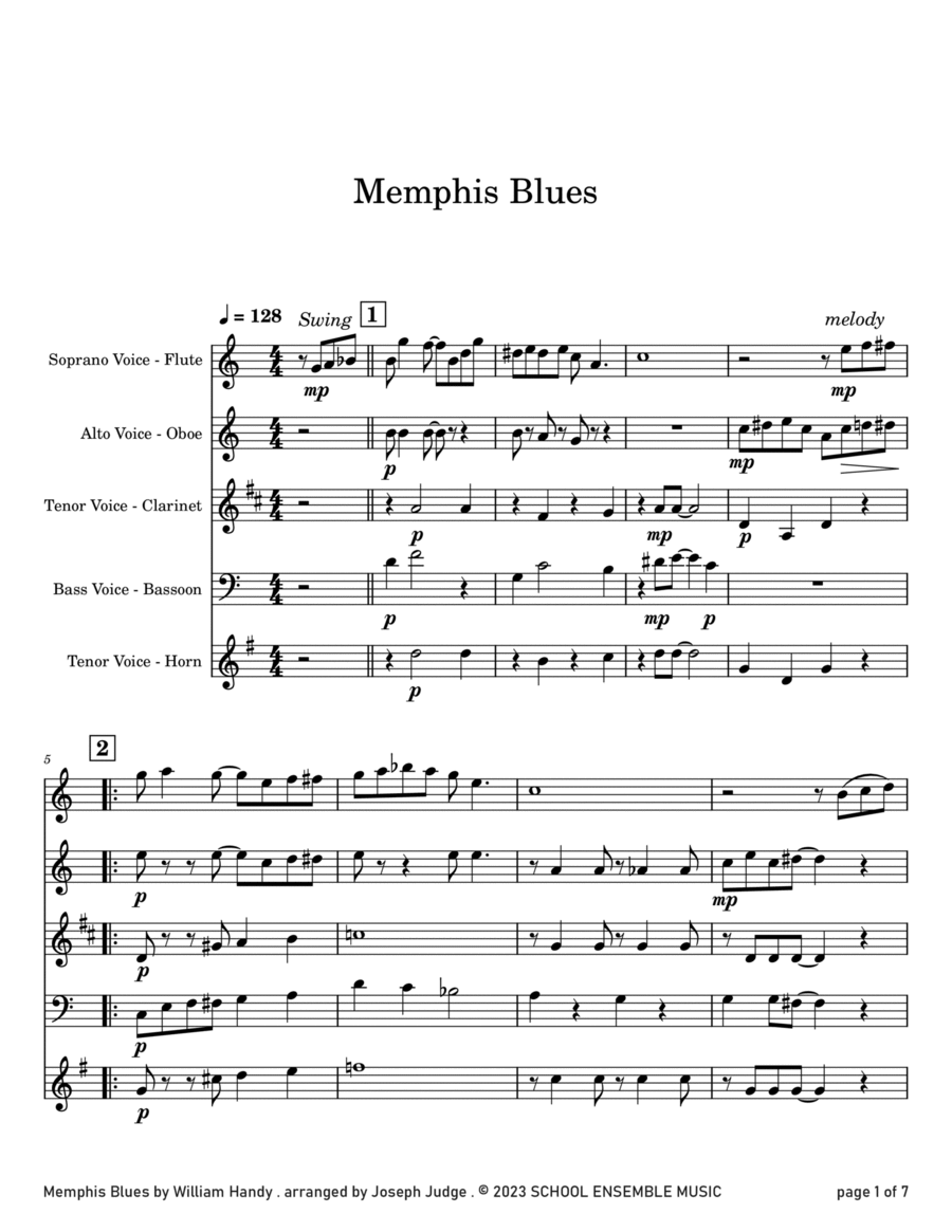 Memphis Blues by Handy for Woodwind Quartet in Schools Memphis Blues by Handy for Woodwind Quartet in Schools Woodwind Quartet scores gallery preview page 1