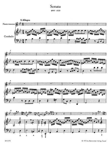 Sonata for Flute and Harpsichord obbligato (Piano) g minor BWV 1020