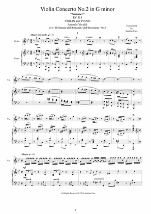Book cover for Vivaldi - Concerto No.2 in G minor Op.8 Summer RV 315 for Violin and Piano