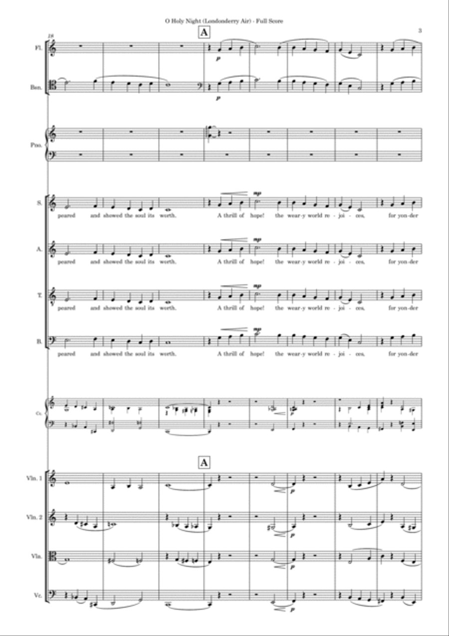 O Holy Night (Londonderry Air) – SATB, String quartet, Piano, Flute, Bassoon 4-Part scores gallery preview page 3