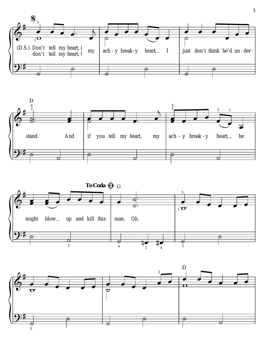 Achy Breaky Heart (Don't Tell My Heart) Easy Piano scores gallery preview page 3