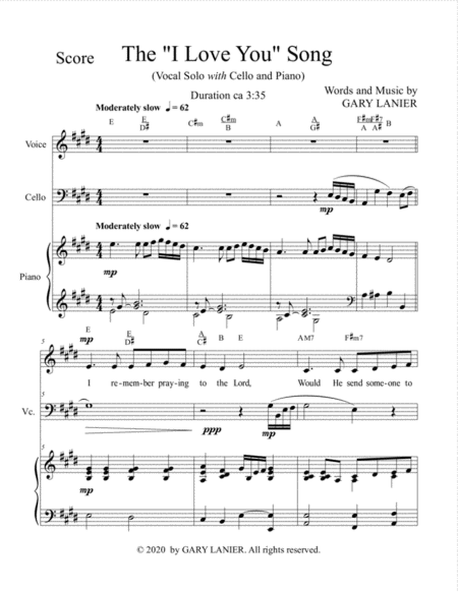 The "I LOVE YOU" Song - (for Solo Voice with Cello and Piano) Lead Sheet & Cello part included image number null