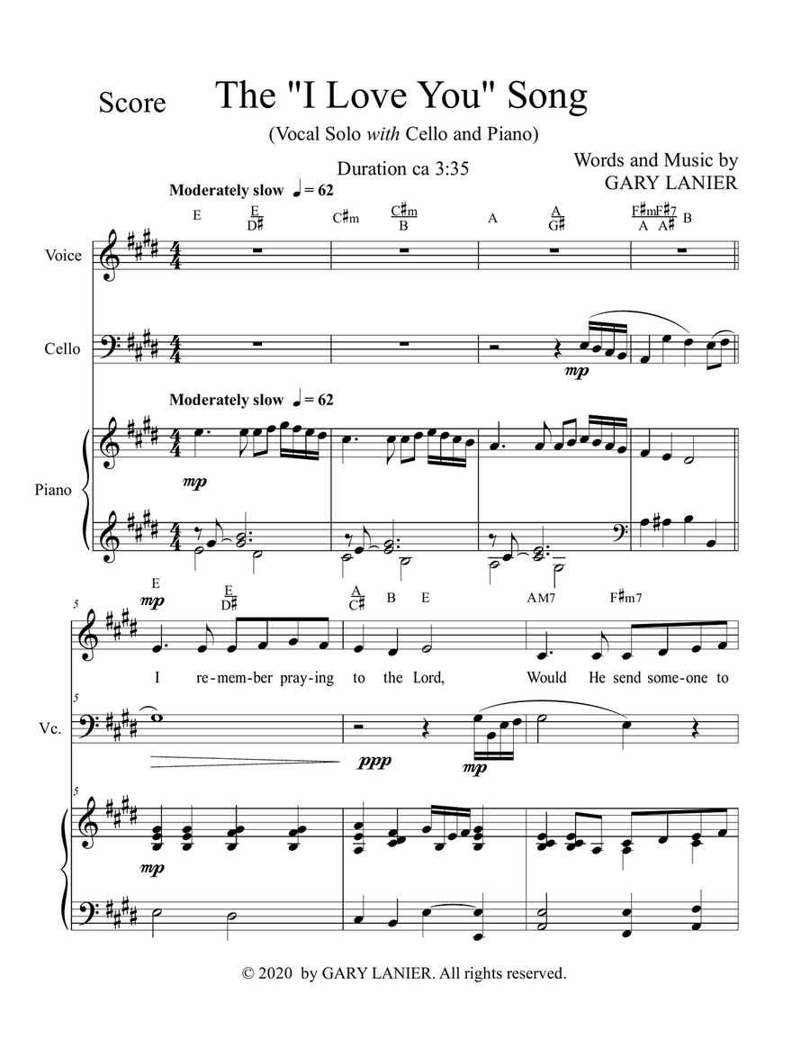 The "I LOVE YOU" Song - (for Solo Voice with Cello and Piano) Lead Sheet & Cello part included image number null