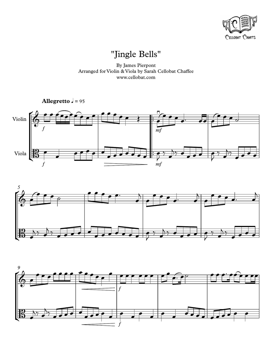 Jingle Bells - Violin & Viola Duet - Traditional Christmas arr. Cellobat String Duet scores gallery preview page 1