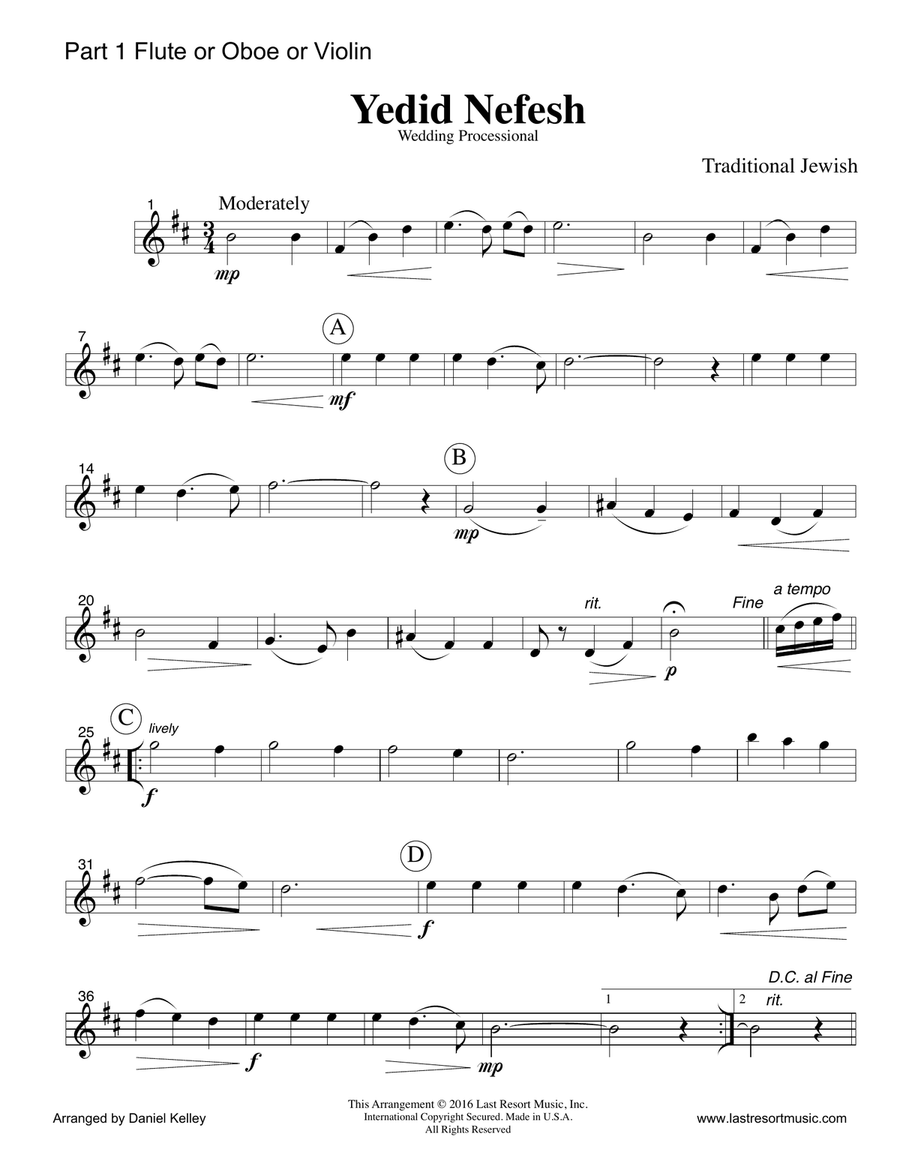 Yedid Nefesh String Quartet (3 Violins & Cello) or Piano Quintet Large Ensemble scores gallery preview page 4