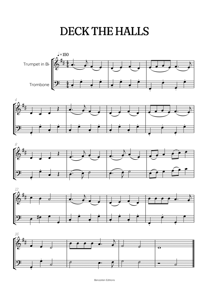Deck the Halls trumpet and trombone duet • easy Christmas song sheet music image number null