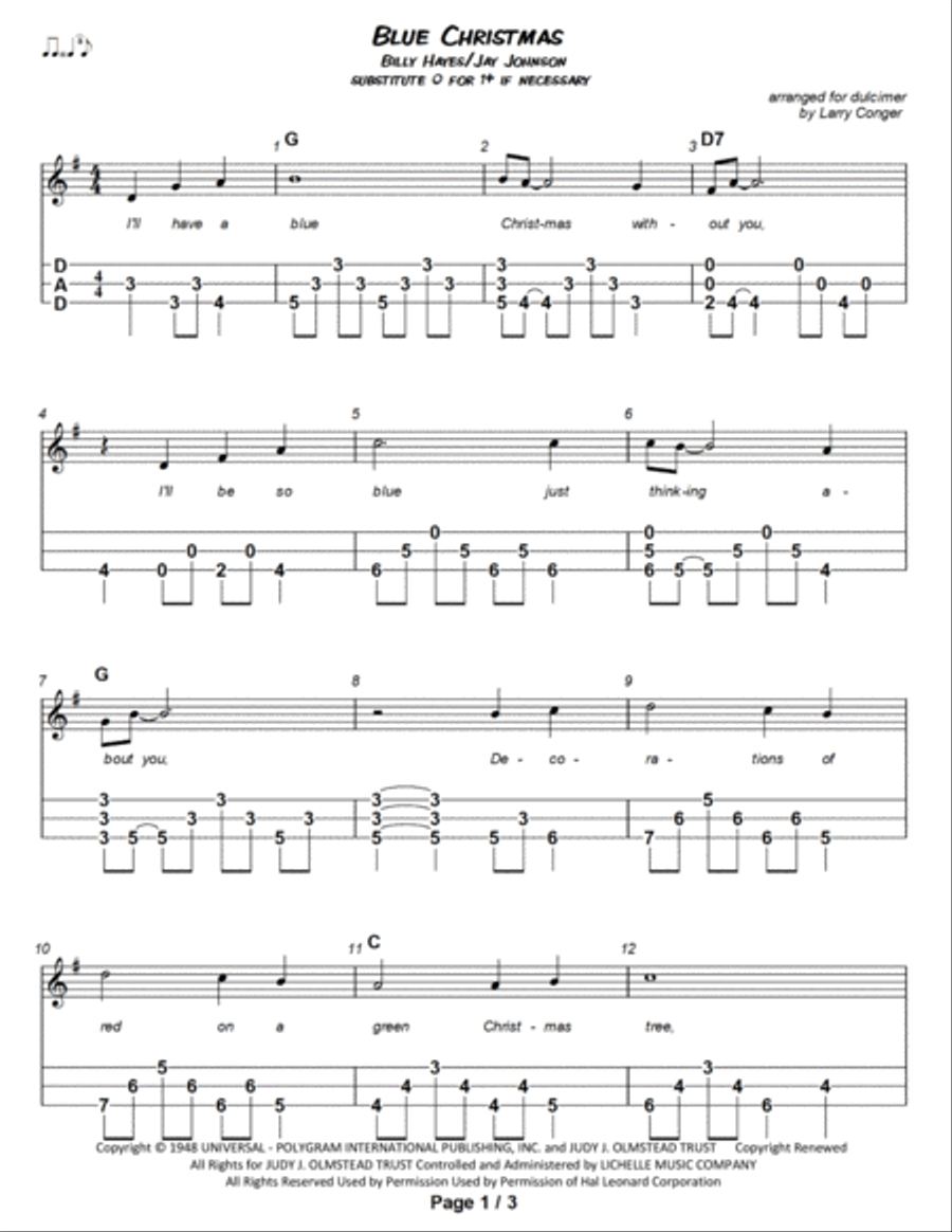 Blue Christmas Dulcimer scores gallery preview page 2