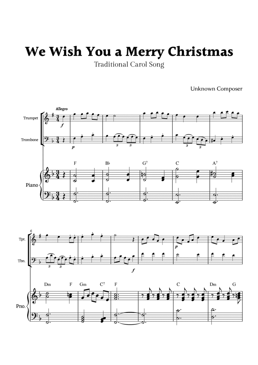 We Wish you a Merry Christmas for Trumpet and Trombone Duet with Piano image number null