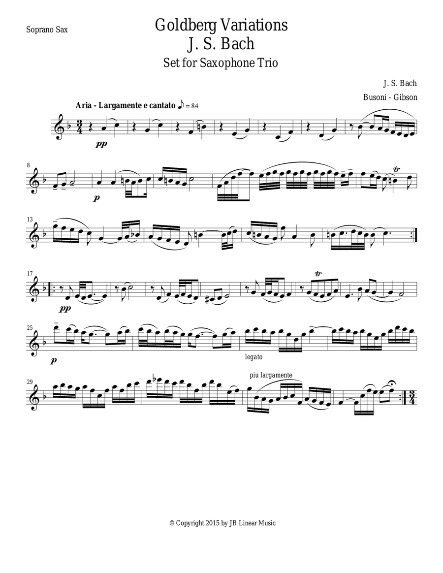J. S. Bach Goldberg Variations set for saxophone trio (soprano, alto, baritone) - PARTS Woodwind Trio scores gallery preview page 3