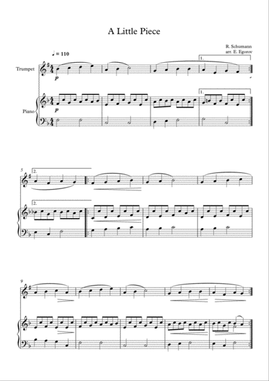 A Little Piece, Robert Schumann, For Trumpet & Piano Trumpet Solo scores gallery preview page 1