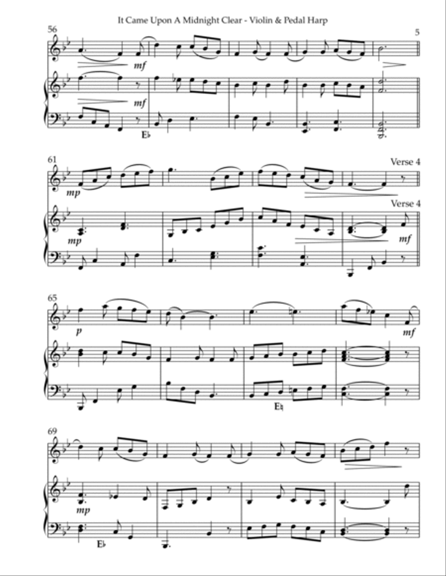 It Came Upon A Midnight Clear, Duet for Violin & Pedal Harp String Duet scores gallery preview page 5